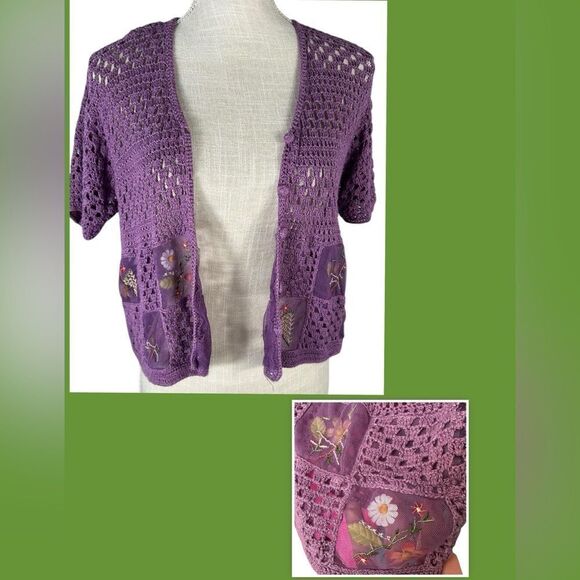 Purple Knit Handmade Gardencore Grannycore Unique Flower Patch Sweater - Picture 1 of 11